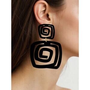 Black Geometric Spiral Drop Earring Bold Statement Square Dangle Fashion Jewelry